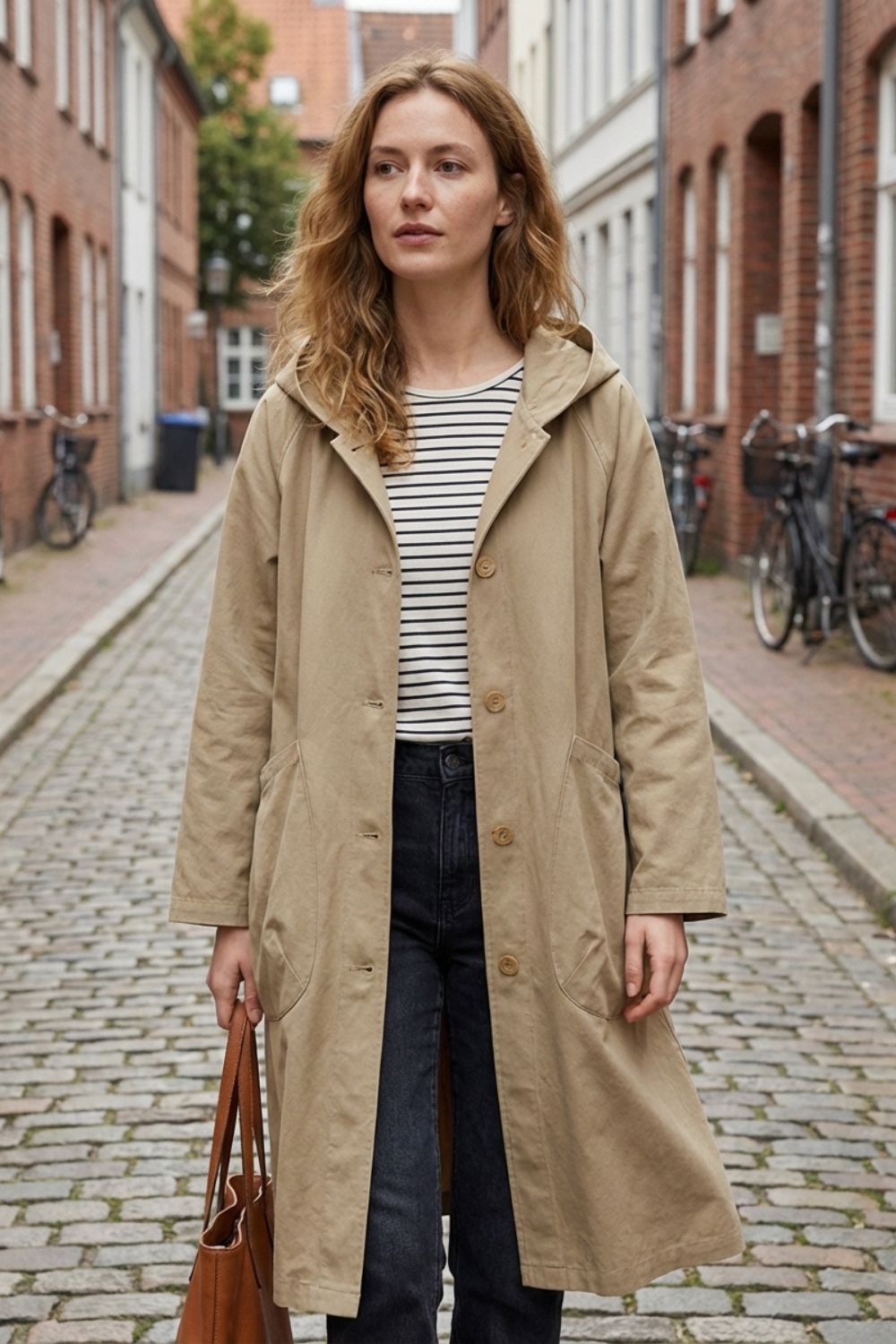 Damen Mantel mit Kapuze und Knopfleiste, lange Form
