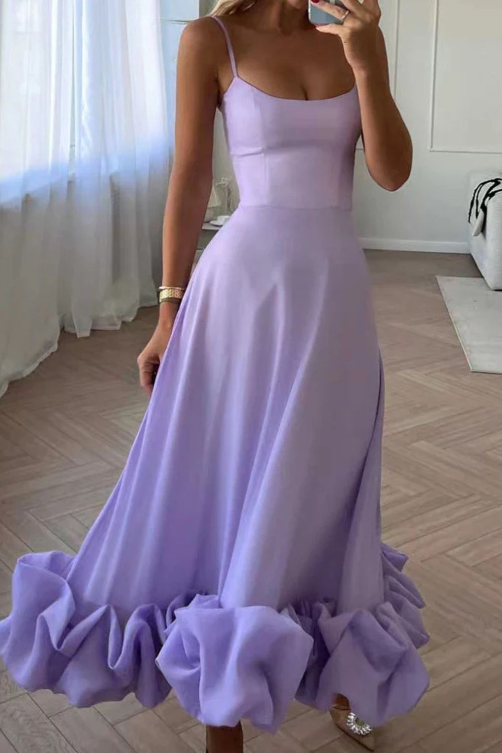 Midikleid Damen mit Trägern und Volant