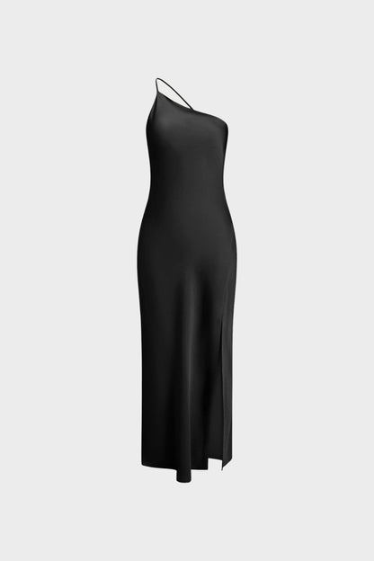 Damen One Shoulder Kleid lang mit Beinschlitz und schmalem Träger
