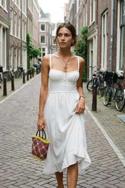 Sommerkleid Damen Midikleid mit Trägern und Raffung