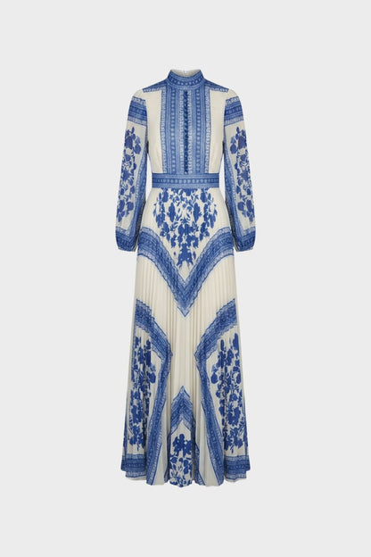 Maxikleid Damen Langarm mit Muster und Stehkragen