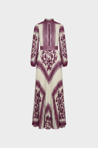Maxikleid Damen Langarm mit Muster und Stehkragen