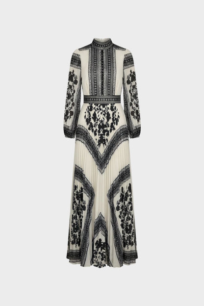 Maxikleid Damen Langarm mit Muster und Stehkragen