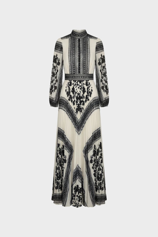Maxikleid Damen Langarm mit Muster und Stehkragen