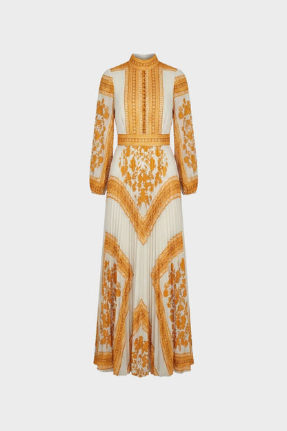 Maxikleid Damen Langarm mit Muster und Stehkragen
