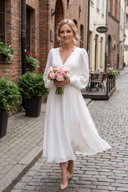 Kleid Damen Midikleid mit V Ausschnitt und Langarm