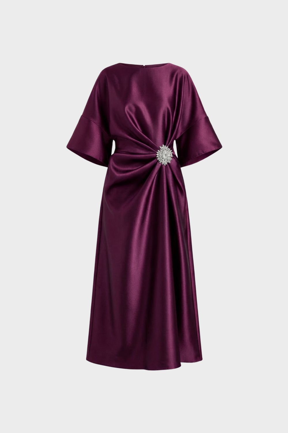 Damen Satin Abendkleid mit Drapierung und Schmuckbrosche – Midi