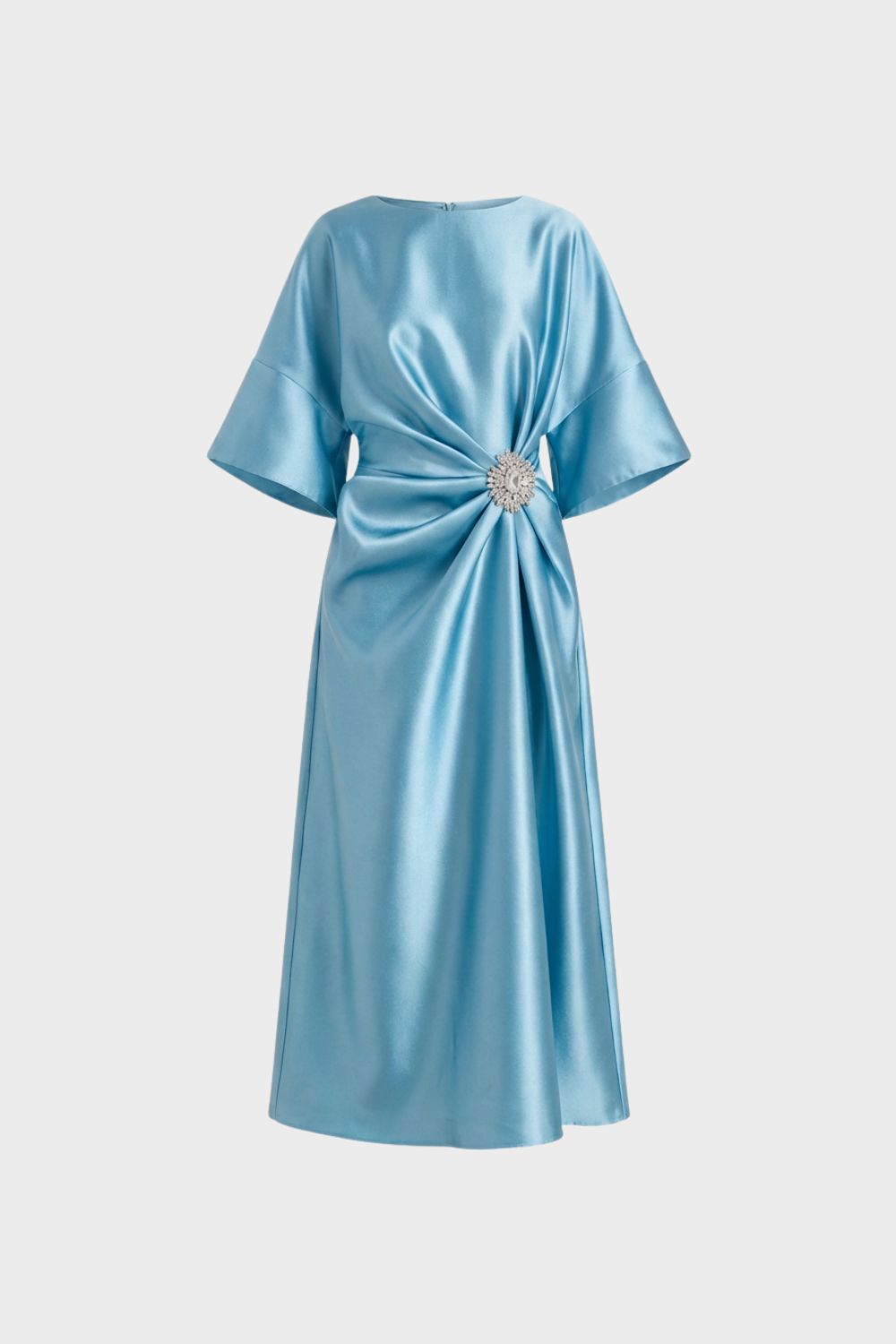 Damen Satin Abendkleid mit Drapierung und Schmuckbrosche – Midi