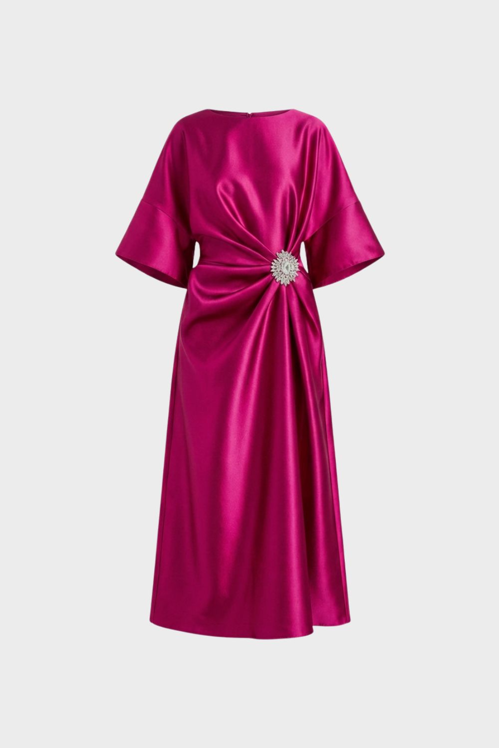 Damen Satin Abendkleid mit Drapierung und Schmuckbrosche – Midi