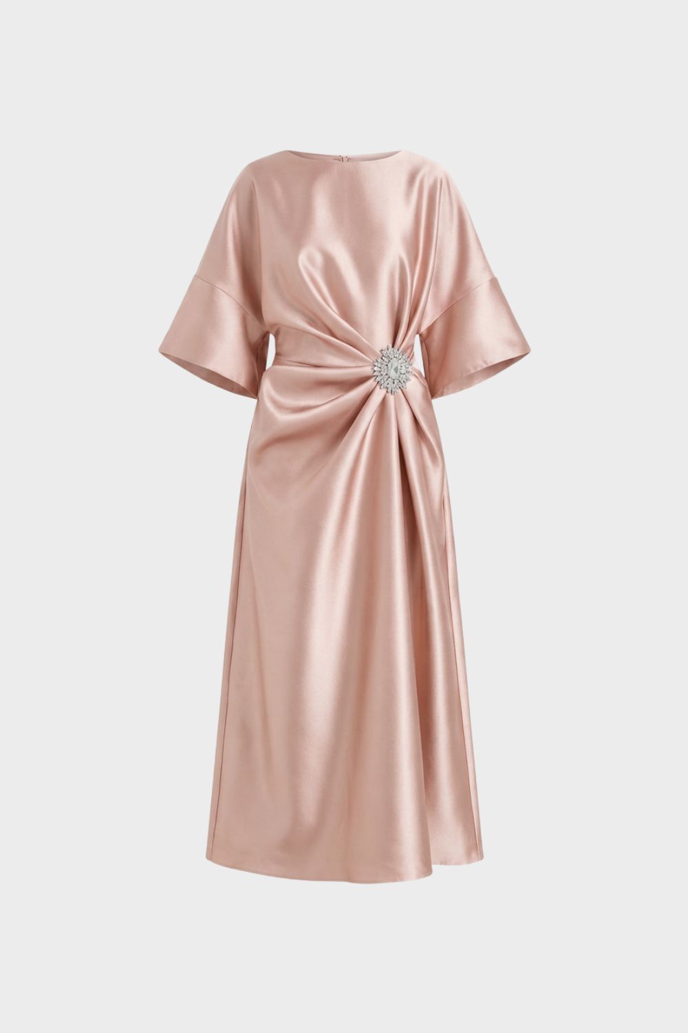 Damen Satin Abendkleid mit Drapierung und Schmuckbrosche – Midi