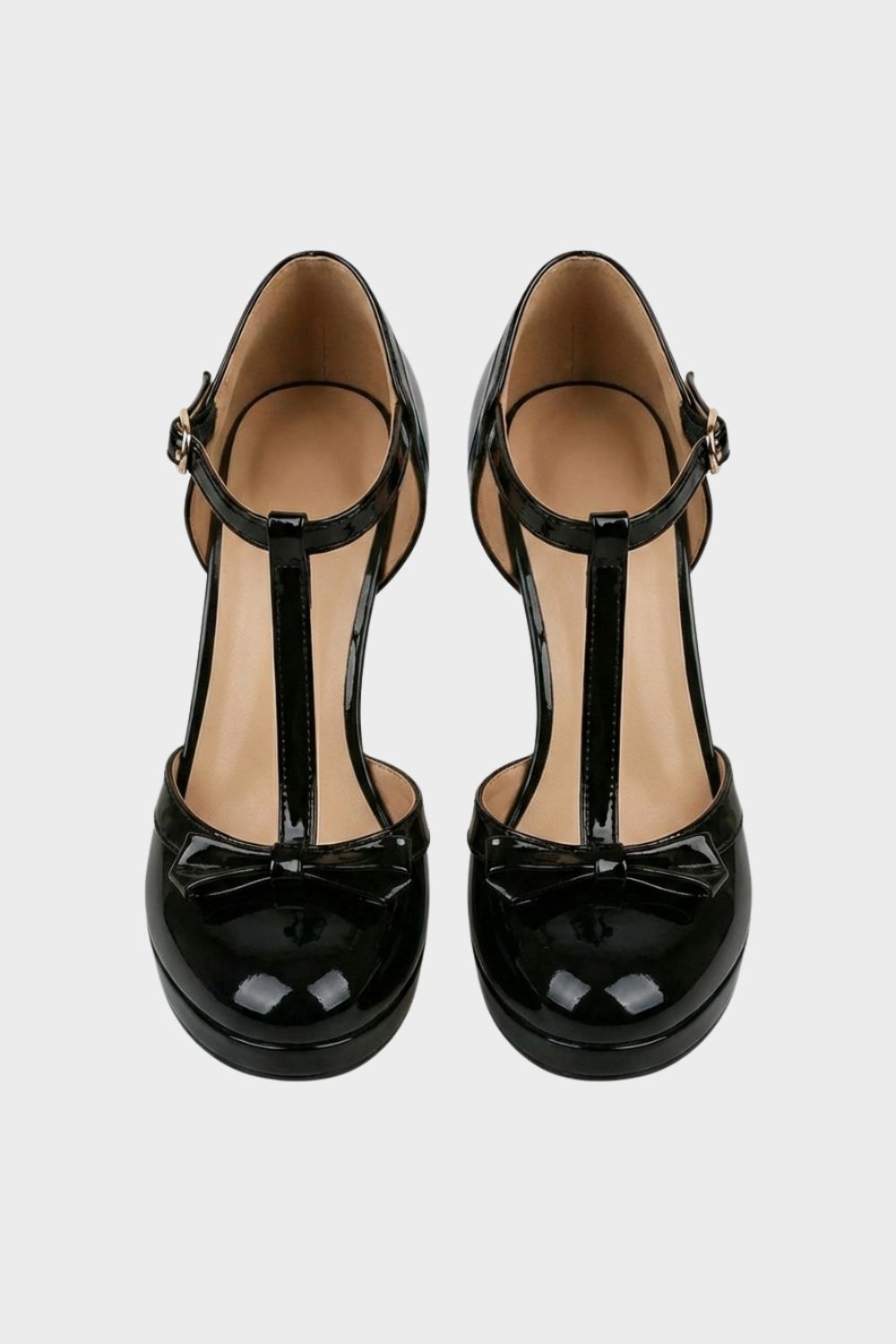 Damen Mary Jane Pumps in Nude mit T-Steg und Schleife – Lackoptik