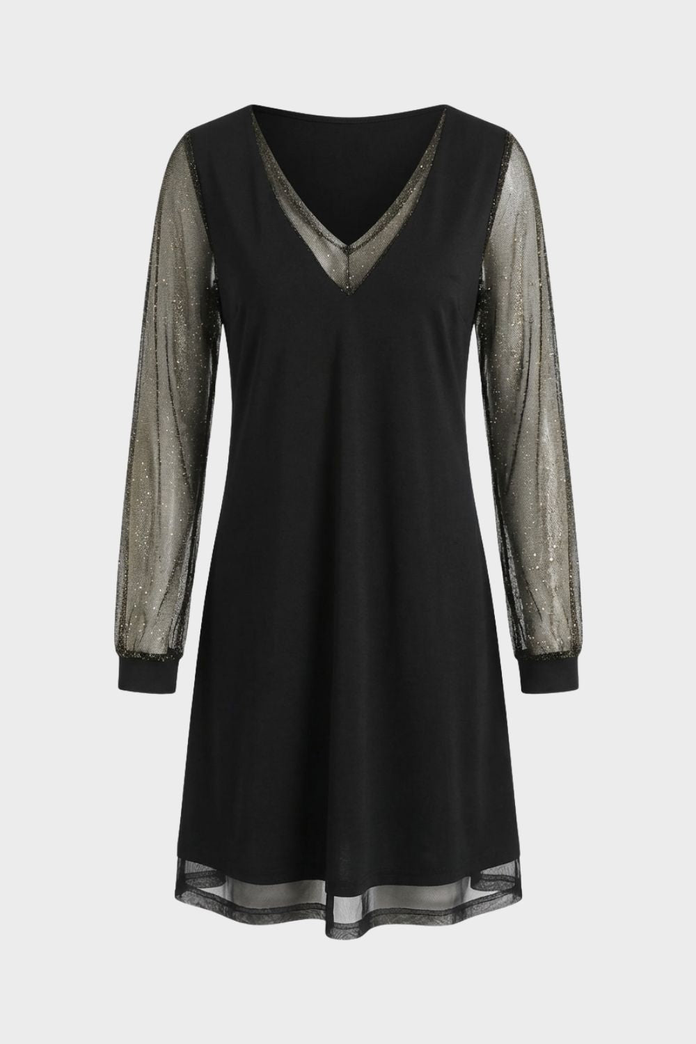 Damen A-Linien Kleid in Schwarz mit V-Ausschnitt und Glitzer-Ärmeln