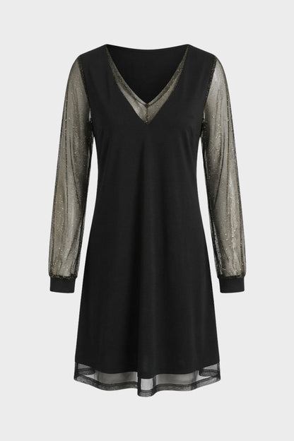 Damen A-Linien Kleid in Schwarz mit V-Ausschnitt und Glitzer-Ärmeln