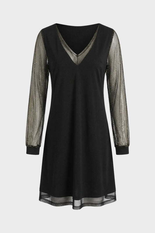 Damen A-Linien Kleid in Schwarz mit V-Ausschnitt und Glitzer-Ärmeln