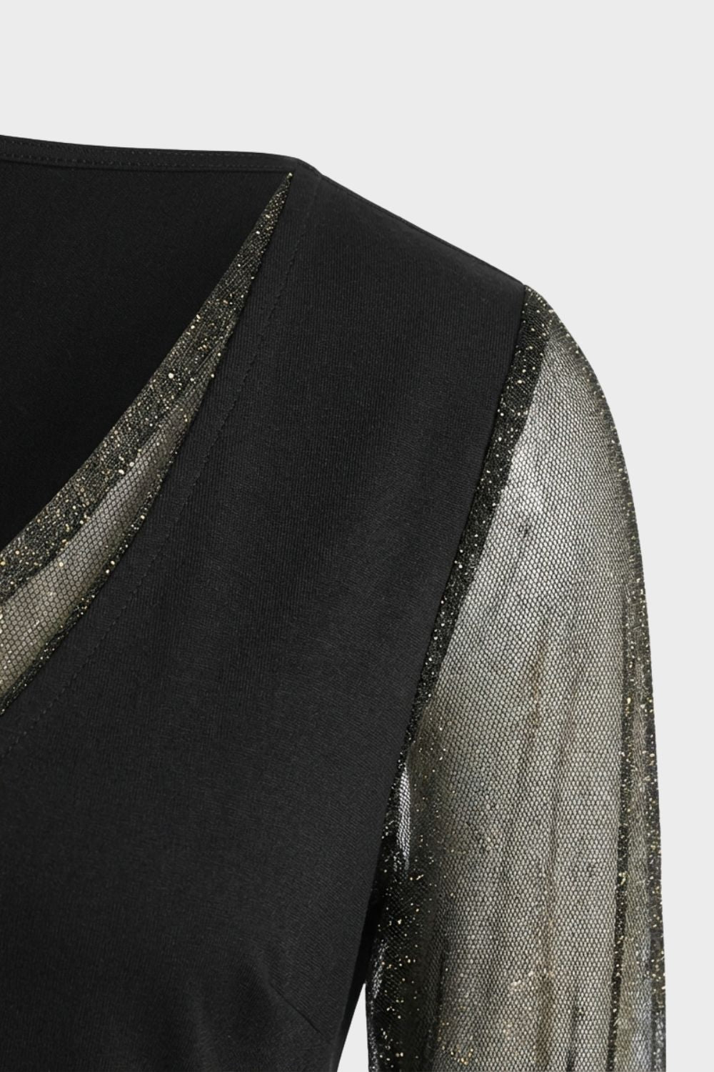 Damen A-Linien Kleid in Schwarz mit V-Ausschnitt und Glitzer-Ärmeln