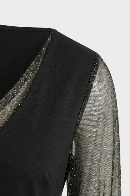 Damen A-Linien Kleid in Schwarz mit V-Ausschnitt und Glitzer-Ärmeln