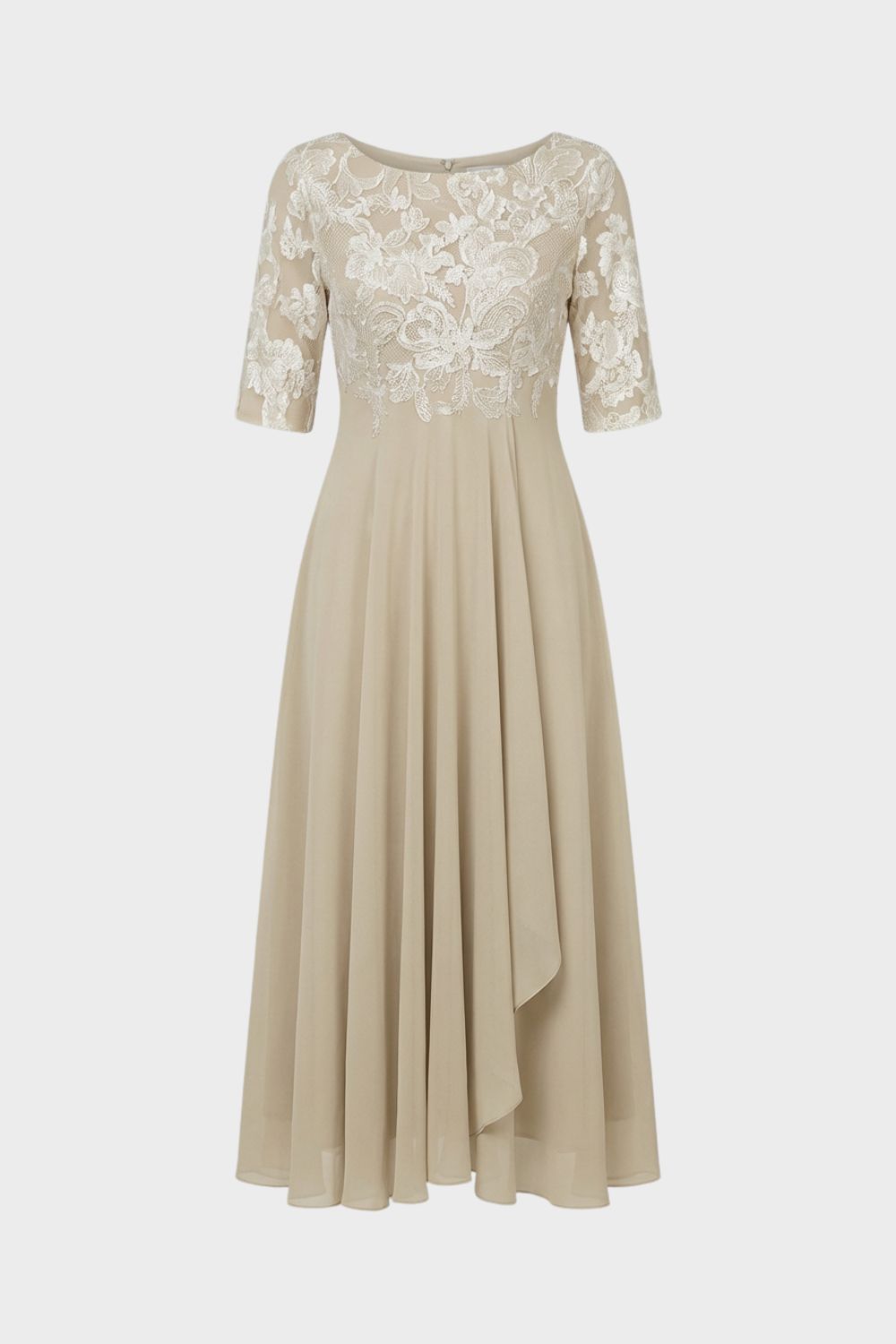 Damen Chiffon Maxikleid in Champagner mit Spitzenoberteil und 3/4-Ärmeln