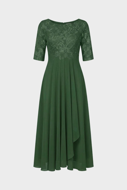 Damen Chiffon Maxikleid in Champagner mit Spitzenoberteil und 3/4-Ärmeln