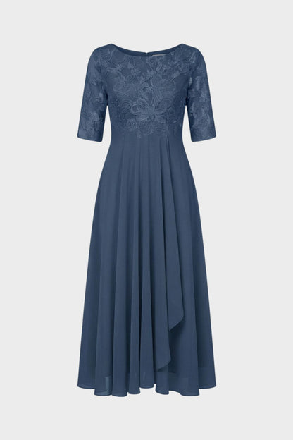 Damen Chiffon Maxikleid in Champagner mit Spitzenoberteil und 3/4-Ärmeln