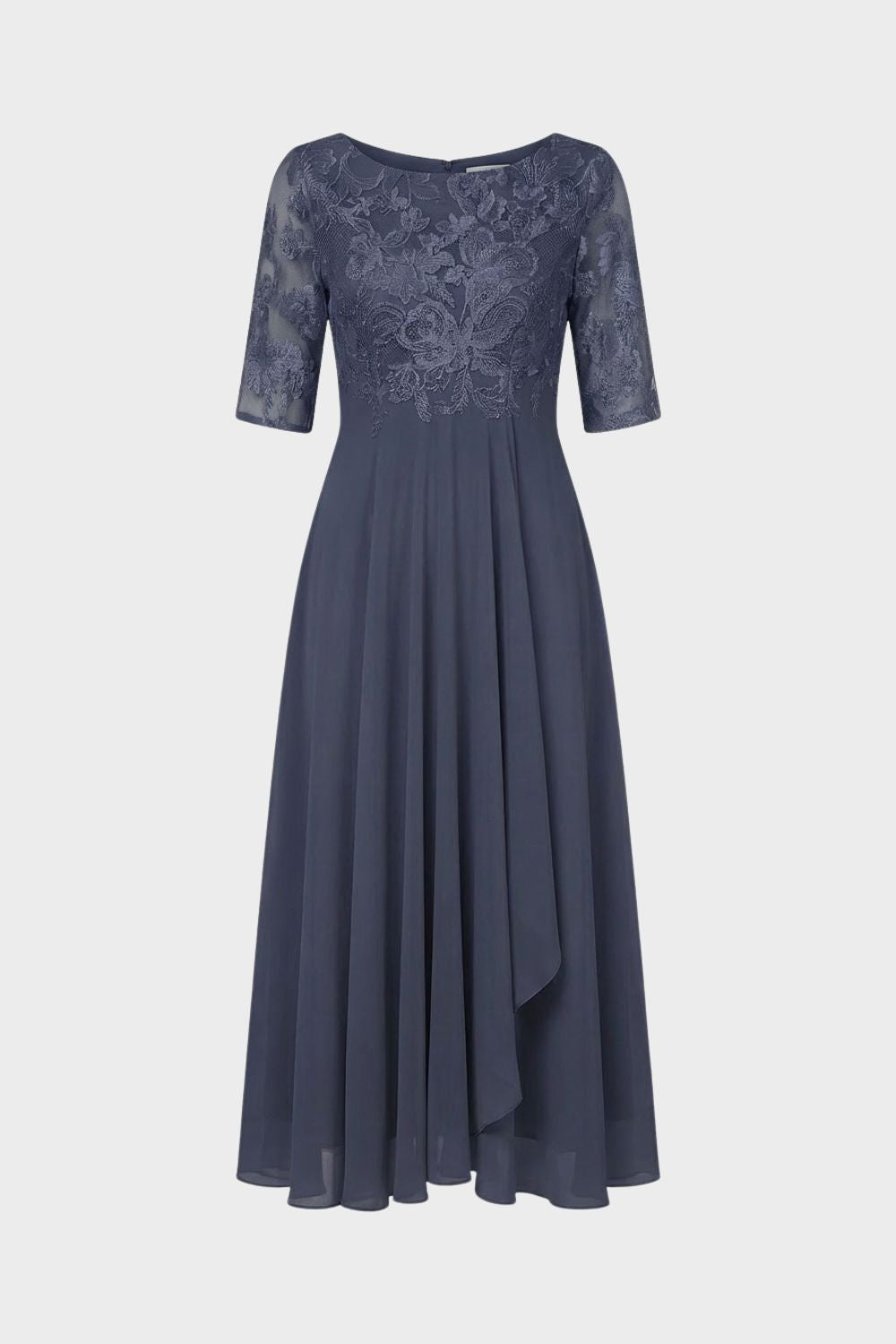 Damen Chiffon Maxikleid in Champagner mit Spitzenoberteil und 3/4-Ärmeln