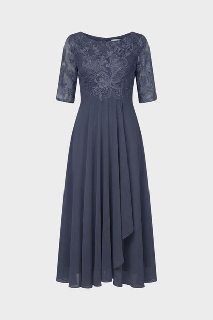 Damen Chiffon Maxikleid in Champagner mit Spitzenoberteil und 3/4-Ärmeln