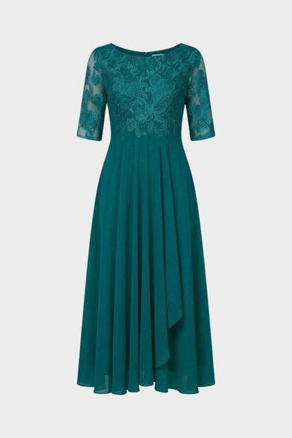Damen Chiffon Maxikleid in Champagner mit Spitzenoberteil und 3/4-Ärmeln