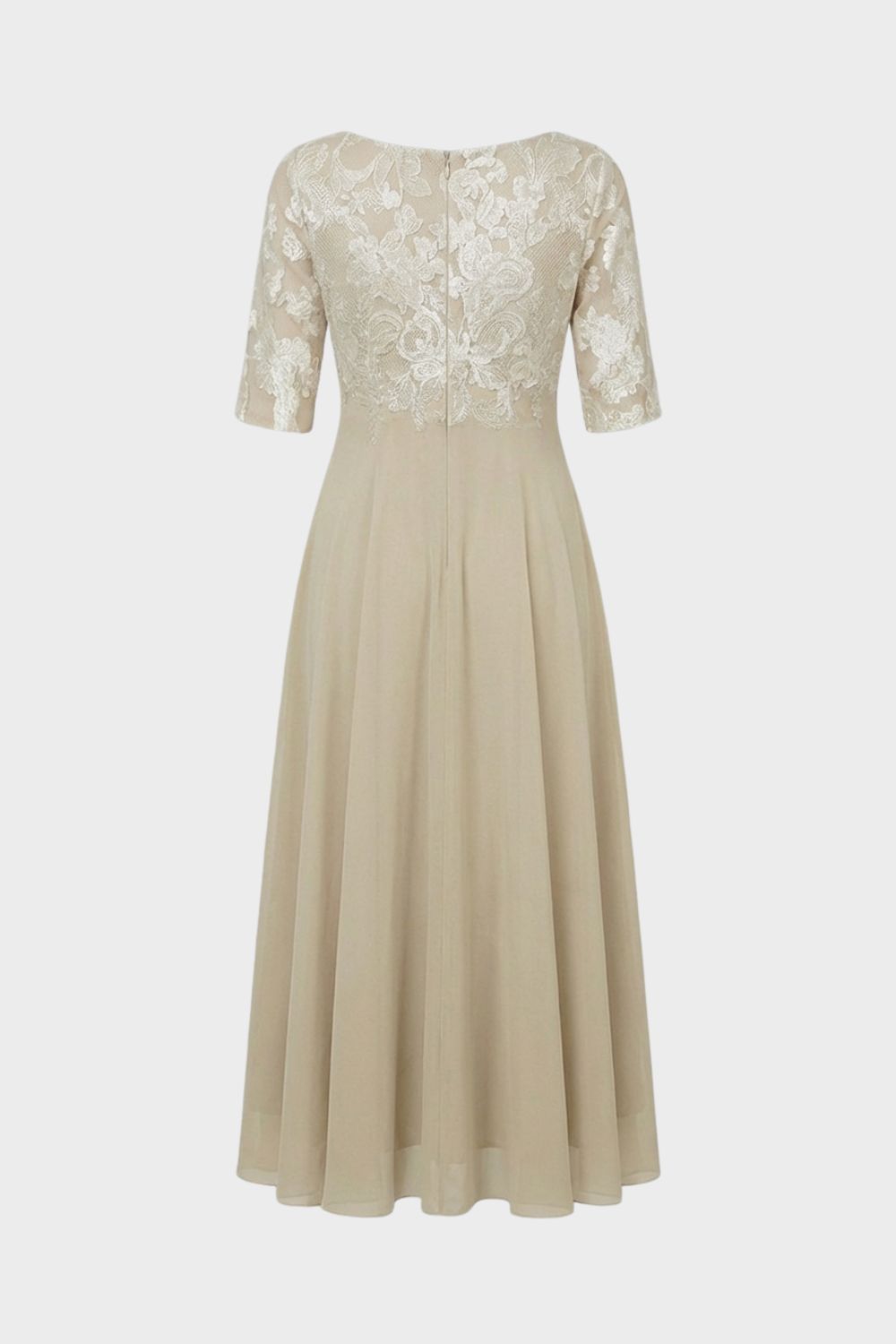 Damen Chiffon Maxikleid in Champagner mit Spitzenoberteil und 3/4-Ärmeln