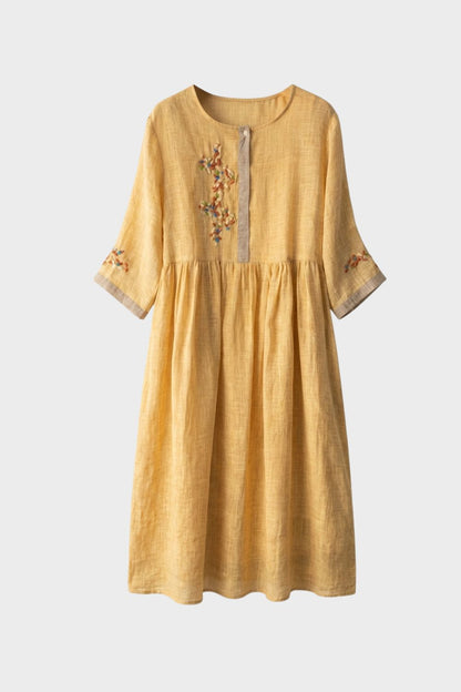 Damen Leinen Midikleid in Senfgelb mit Stickerei und 3/4-Ärmeln