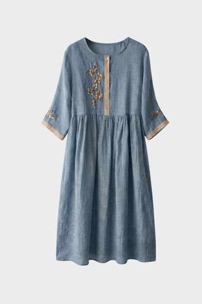 Damen Leinen Midikleid in Senfgelb mit Stickerei und 3/4-Ärmeln