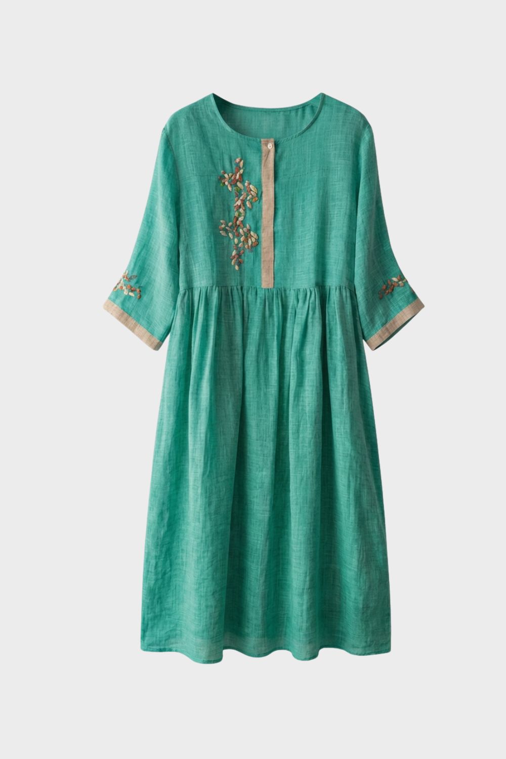 Damen Leinen Midikleid in Senfgelb mit Stickerei und 3/4-Ärmeln