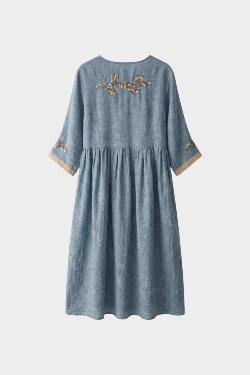 Damen Leinen Midikleid in Senfgelb mit Stickerei und 3/4-Ärmeln
