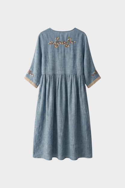 Damen Leinen Midikleid in Senfgelb mit Stickerei und 3/4-Ärmeln