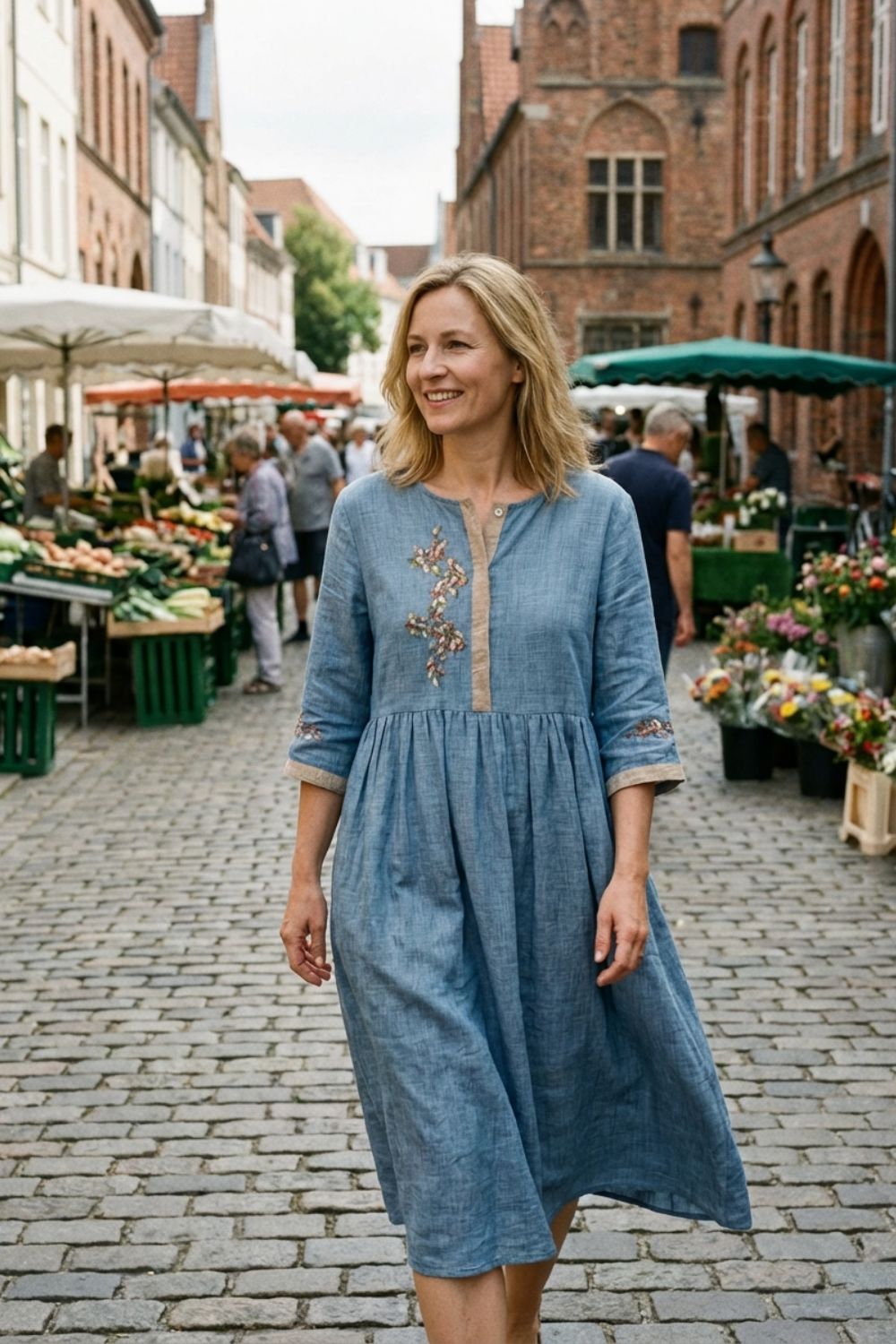 Damen Leinen Midikleid in Senfgelb mit Stickerei und 3/4-Ärmeln