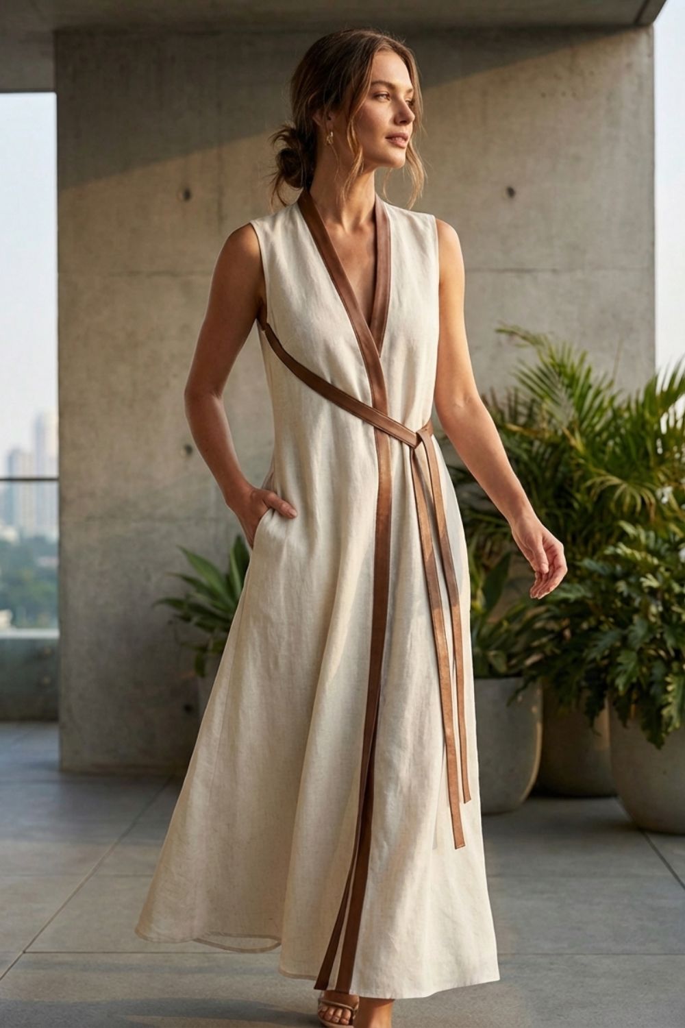 Damen Sommer Maxikleid | Taillengürtel – Detail Verarbeitung