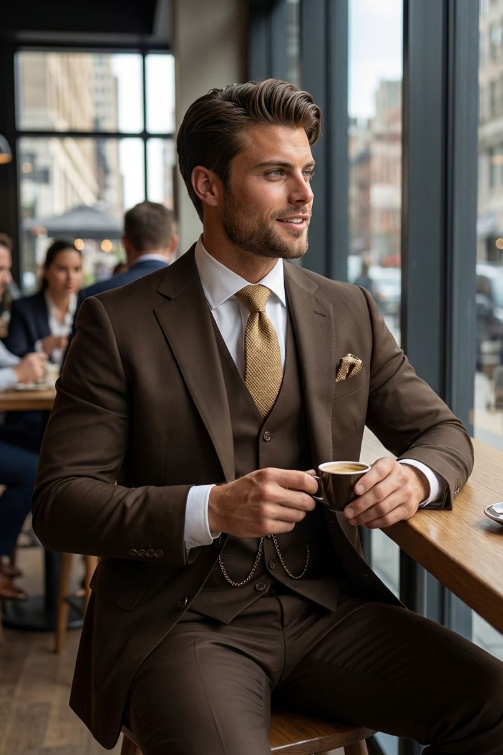 Herren Sommeranzug 3-Teilig Braun – Hochzeit Bräutigam Business Look