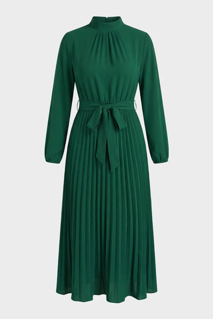 Midikleid Damen Plissee mit Langarm und Gürtel