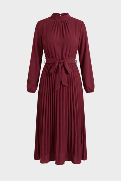 Midikleid Damen Plissee mit Langarm und Gürtel
