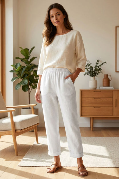 Damen Leinen Hose – 7/8 Loose – Sicht von oben
