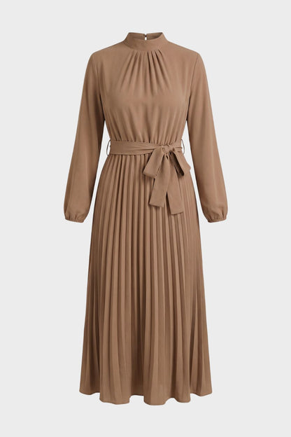 Midikleid Damen Plissee mit Langarm und Gürtel