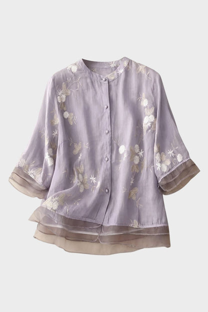 Bluse Damen mit Stehkragen und Volantärmeln