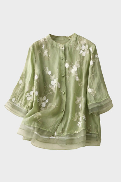 Bluse Damen mit Stehkragen und Volantärmeln
