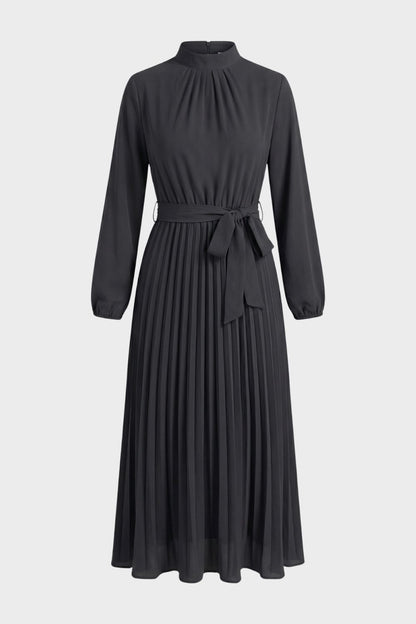 Midikleid Damen Plissee mit Langarm und Gürtel