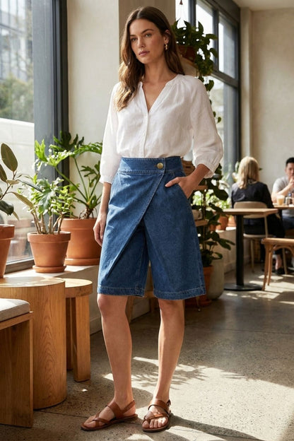 Damen Jeansshorts | High-Waist Knopfleiste – Rückansicht