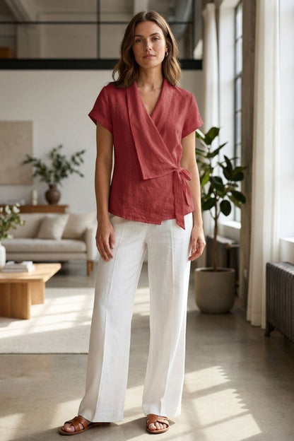 Damen Wickelbluse | V-Ausschnitt Kurzarm – Side-Profile