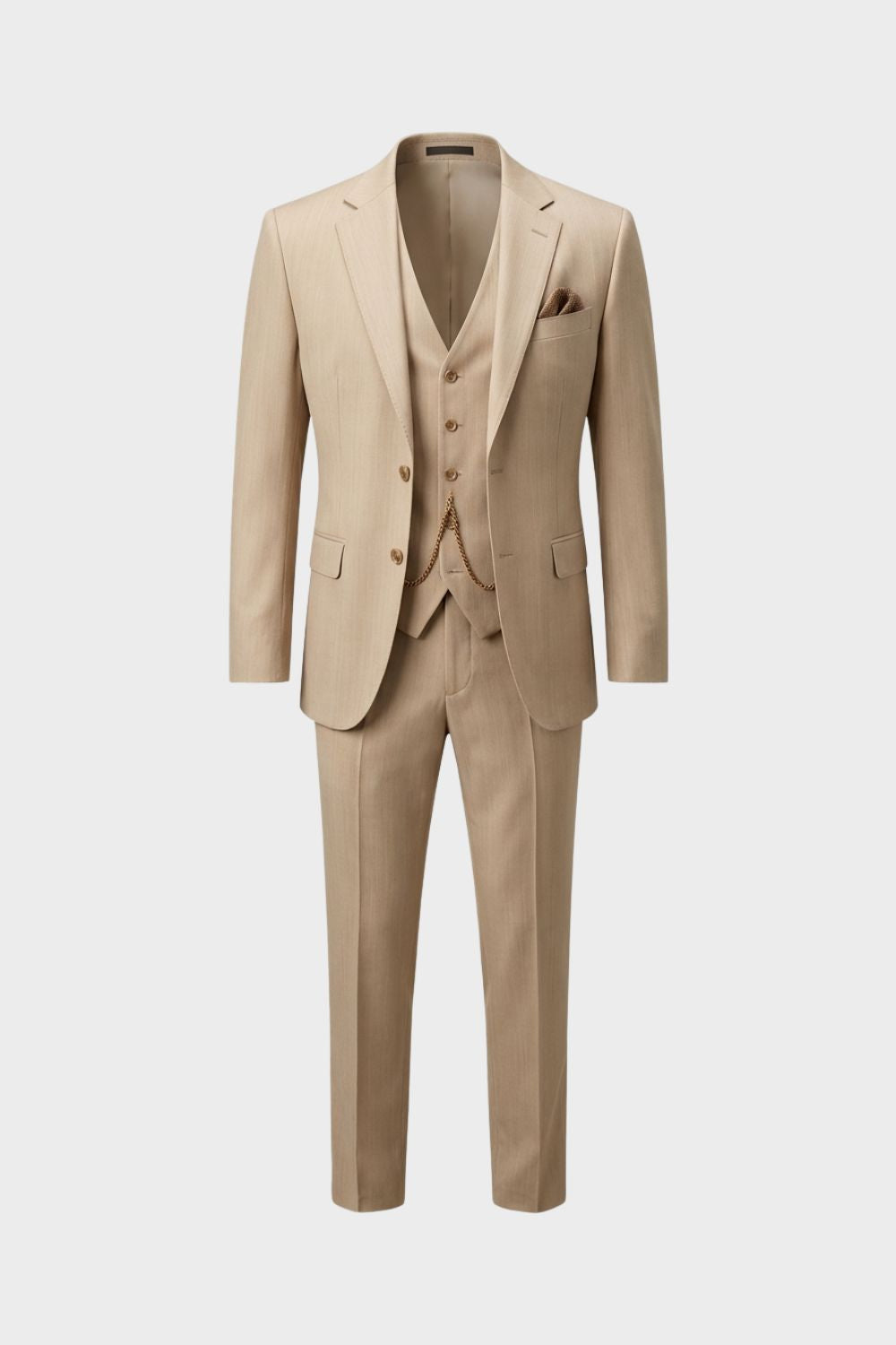 Herren Sommeranzug 3-Teilig Beige – Slim Fit mit Weste und Uhrenkette