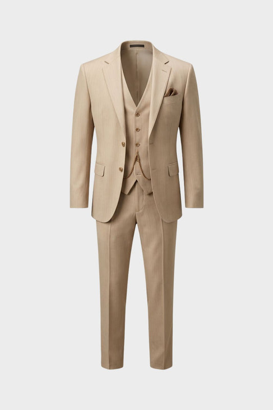 Herren Sommeranzug 3-Teilig Beige – Slim Fit mit Weste und Uhrenkette