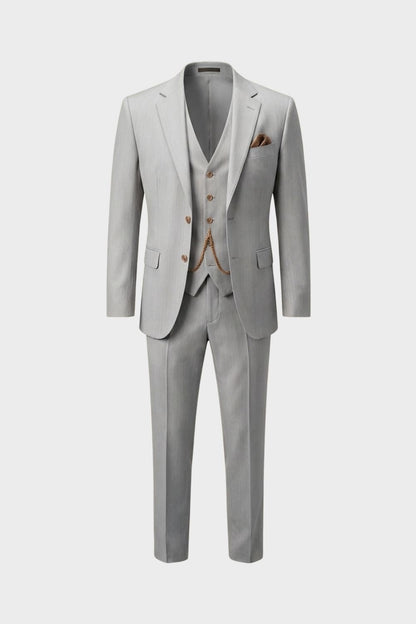 Herren Sommeranzug 3-Teilig Hellgrau – Slim Fit mit Weste und Uhrenkette