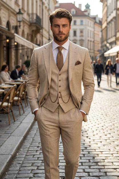 Herren Sommeranzug 3-Teilig Beige – Hochzeit Bräutigam Slim Fit Look