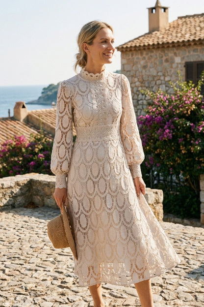 Spitzenkleid Damen mit Stehkragen und Langarm