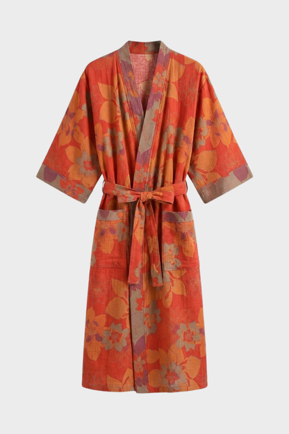 Kimono Damen Bademantel mit Gürtel und Muster knielang